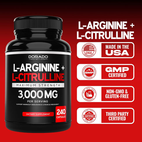 L Arginine L Citrulline Supplement 3000mg - 240 Capsules, Nitric Oxide Pills for Men, Gluten Free, Non-GMO, Vegan