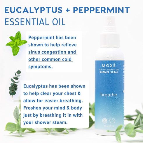 MOXE Breathe Eucalyptus & Peppermint Shower Mist - 4 Ounces, Natural Essential Oils for Aromatherapy