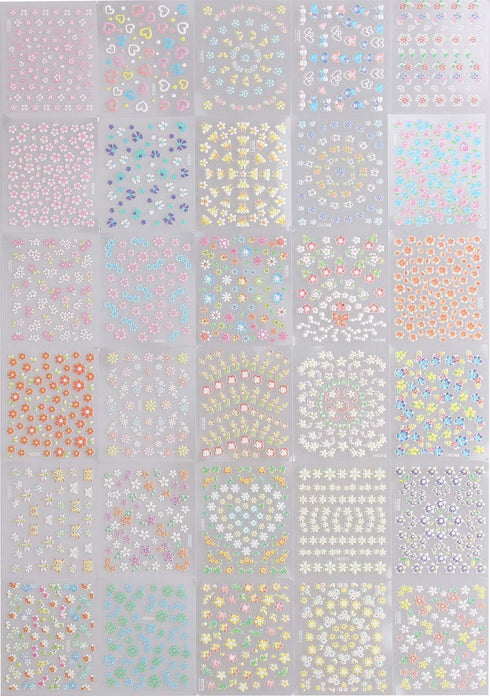 WOKOTO 90Pcs Self-Adhesive 3D Nail Art Sticker - Colorful White Black Flower Fingernail Decals with 1 Pcs Anti-Static
