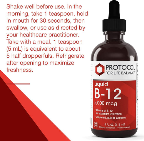 Protocol Liquid B-12 5,000mcg - Nervous System Support, Dairy Free & Vegan Vitamin B Liquid, 4 fl oz