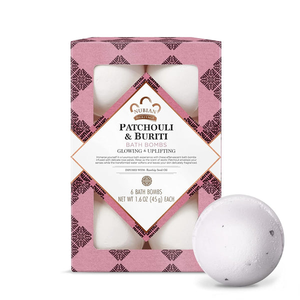 Nubian Heritage Bath Bombs, Patchouli and Buriti Uplifting Bath and Body Products, 1.6 oz, 6 Count (Pack of 1)