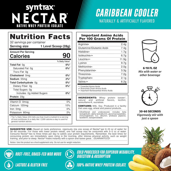 Syntrax Nutrition Nectar, 100% Whey Isolate Protein Powder, Caribbean Cooler Flavor, 2 lbs