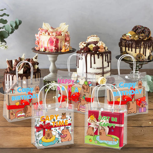 H1vojoxo 24PCS 7.9x3.2x7.9 Inches Capy Birthday Gift Bags - Cappy Clear PVC Gift Bags with Handle Reusable Capy Time