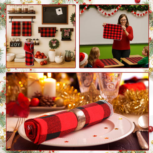 Hahafelt 24 Pack Reusable Paper Towels Rolls Bulk Red Black Buffalo Plaid Washable Kitchen Towels Paperless Cotton
