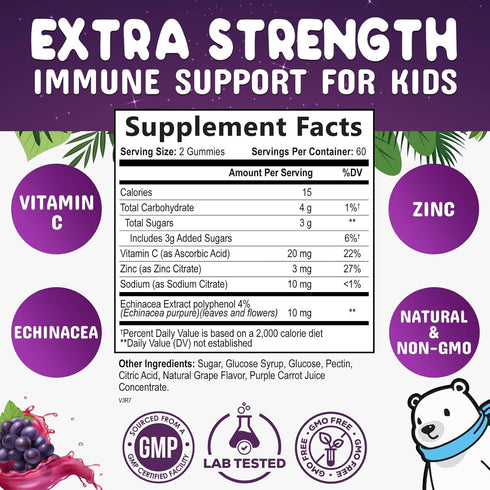 Immune Support Gummies for Kids & Toddler with Vitamin C, Zinc & Echinacea, Daily Childrens Immune Support Gummy Vitamins for Kids Ages 4 and Up, Vegan & Non-GMO, Natural Berry Flavor - 120 Gummies
