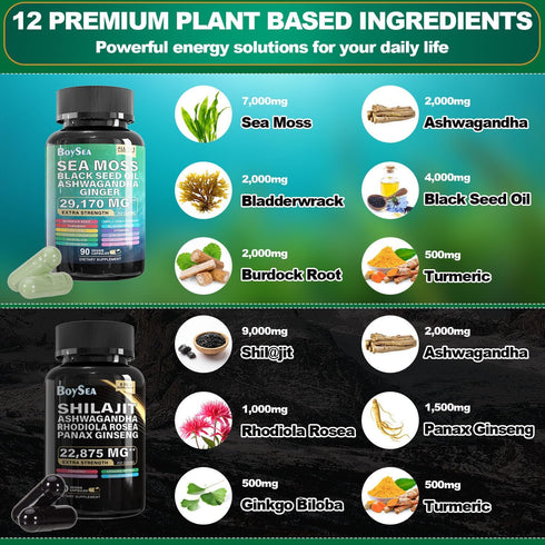 Boysea Sea Moss and Shilajit Bundle - 90 Count with Sea Moss, Black Seed Oil, Ashwagandha, and More