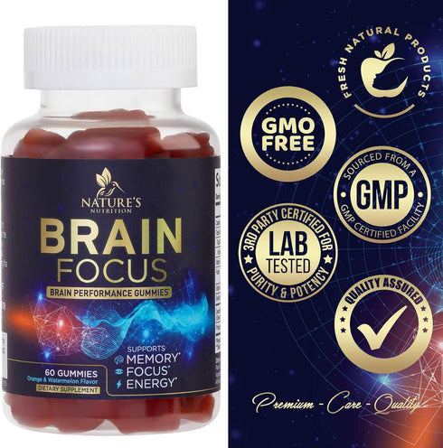 Brain Supplement for Memory & Focus | Nootropics for Concentration | 60 Gummies with B6, B12, Phosphatidylserine