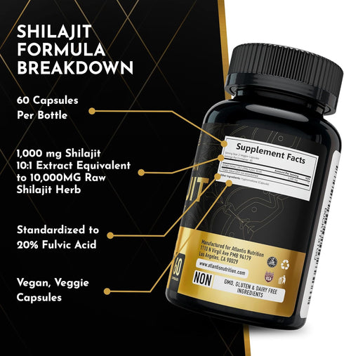 Shilajit Supplement - 60 Capsules Pure Himalayan Authentic Shilaijt Resin with 20% Fulvic Acid for Energy Support