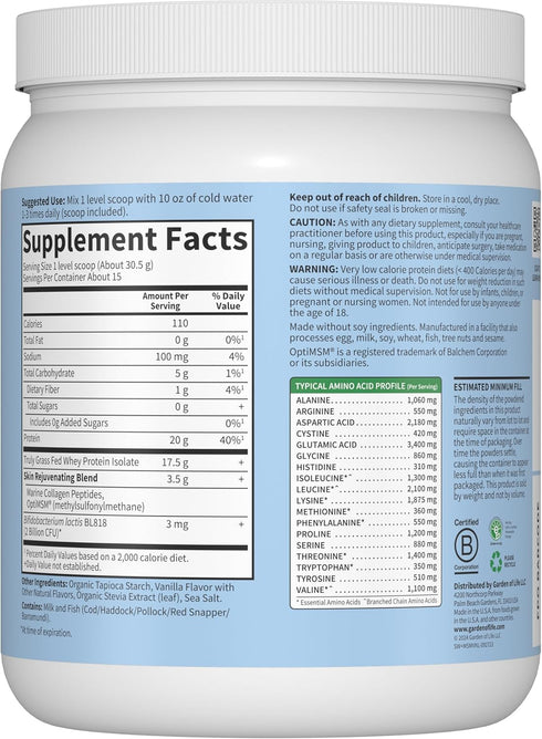 Garden of Life Sport Whey Protein Powder Vanilla Flavor, 20g Protein, Grass Fed, About 15 Servings