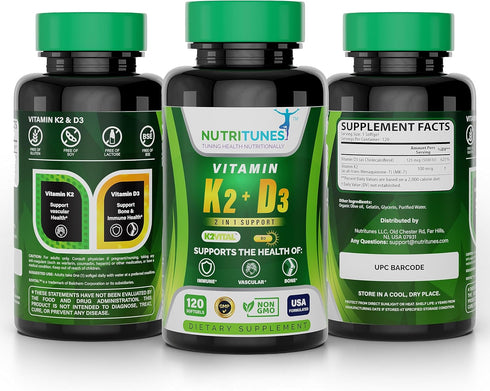 Vitamin K2 + D3 Supplement, 120 Softgels for Cardiovascular & Bone Health, Non-GMO & Allergen-Free