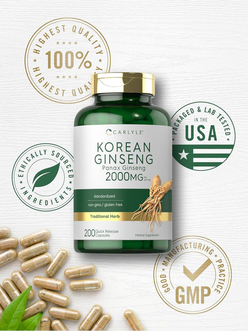 Carlyle Korean Ginseng Extract Capsules, 2000 mg, 200 Capsules, Non-GMO, Gluten Free Panax Ginseng Supplement