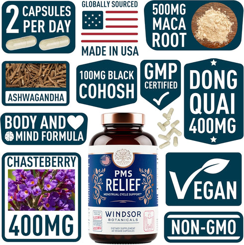 PMS Support Supplement for Women, Chasteberry, Maca Root, Ashwagandha - Period Relief and Mood Support