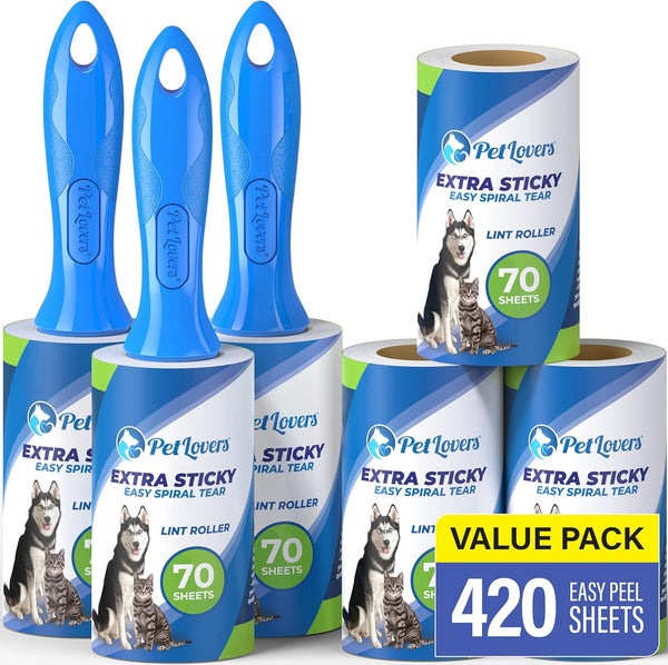 PetLovers Extra Sticky Lint Rollers for Pet Hair - 420 Sheets Lint Remover for Clothes