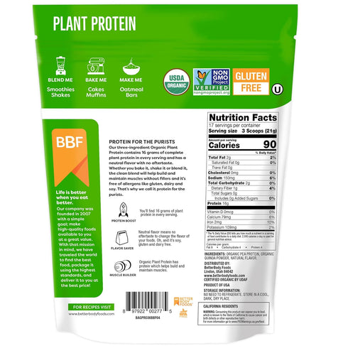 BetterBody Foods Organic Plant Based Protein Powder - 16g Protein, Vegan, Low Net Carbs, Gluten Free, 12.7 Ounces
