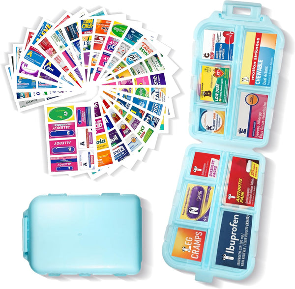 Pill Organizer with 161 Labels, Travel Daily Pill Container, Mini Medication Organizer, 7 Day Pill Organizer (Blue, 1