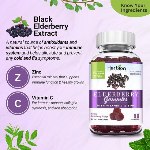 Herbion Naturals Elderberry Gummies with Vitamin C & Zinc, 60 Count for Immune Support