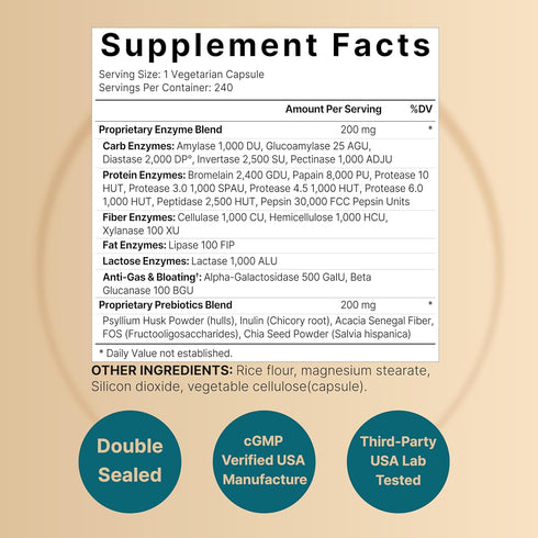 NatureBell Digestive Enzymes with Prebiotics | 240 Veggie Capsules - 20 Enzyme & 5 Prebiotic Pancreatic Enzyme Complex – Bloating Relief for Women & Men, Non-GMO, Vegan Friendly