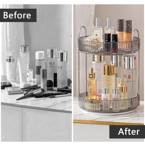 Rotating Makeup Organizer for Vanity, 2 Tier High-Capacity Skincare Clear Make Up Storage, 360 Spinning Cosmetic