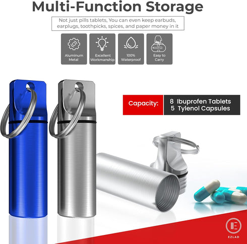 Keychain Pill Holder (5 Pack), Aluminum Waterproof Portable Small Travel Medicine Bottle Case for Purse, Mini Organizer