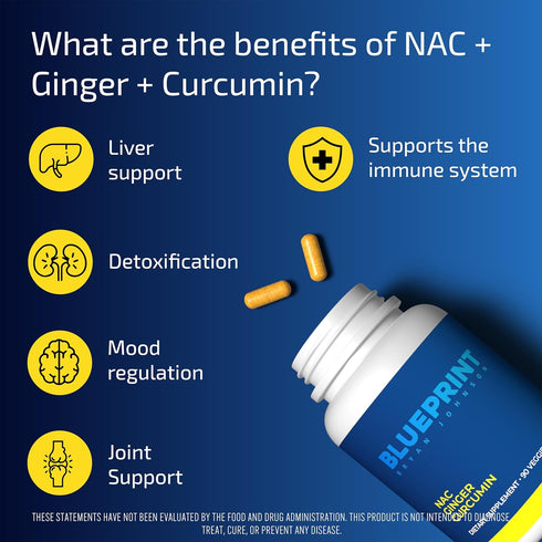 Blueprint Bryan Johnson NAC Supplement - Promotes Stress Relief, Immune System Function, Respiratory Health - includes N-Acetyl-L-Cysteine, Ginger, Curcuminoids - Detoxifying - Vegan (30 Servings)
