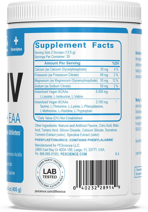 PEScience Amino IV BCAA & EAA Powder, Sour Green Apple, 60 Scoop, Sugar Free for Hydration and Muscle Recovery