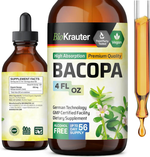Bacopa Monnieri Organic Tincture - Cognitive Health Support Liquid Supplement - Alcohol & Sugar Free Vegan Drops, 4