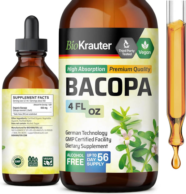 Bacopa Monnieri Organic Tincture - Cognitive Health Support Liquid Supplement - Alcohol & Sugar Free Vegan Drops, 4