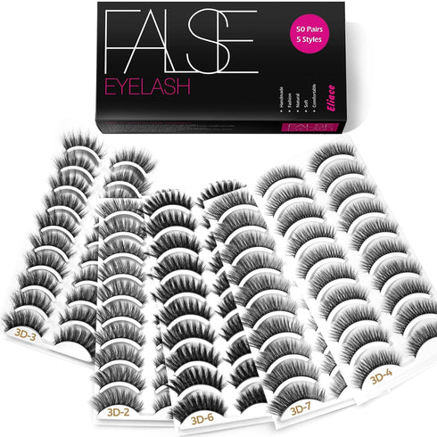 Eliace Eyelashes - 50 Pairs of 5 Styles Lux Faux Mink Lashes, Natural Look Wispy Fluffy Handmade Pack