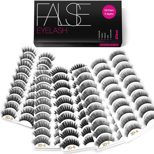 Eliace Eyelashes - 50 Pairs of 5 Styles Lux Faux Mink Lashes, Natural Look Wispy Fluffy Handmade Pack
