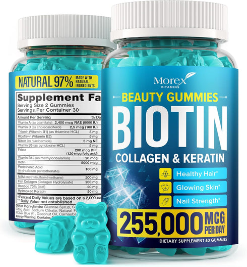 Hair Vitamins Natural Gummies - Biotin Multivitamin for Hair, Skin & Nails with Collagen & Keratin, Anti Aging Collagen