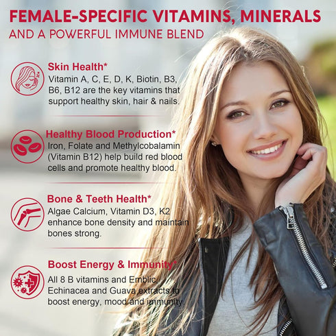 Sugar-Free Methylated Multivitamin for Women Gummies with Algae Calcium, Vitamin A, C, D3, E, K, B12, Iron, Biotin