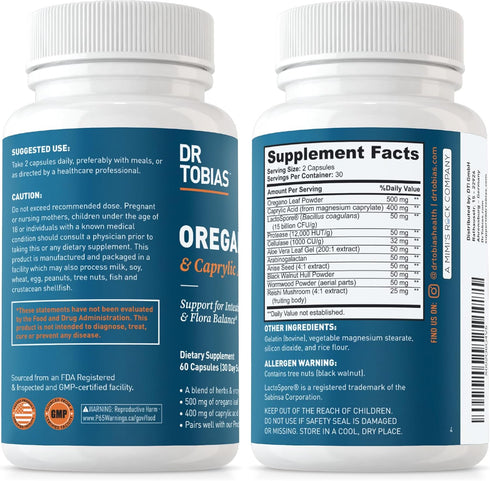 Immune 60 30 Dr. Tobias Oregano and Caprylic Acid Blend, Gut Flora Balance Complex with Probiotics & Enzymes