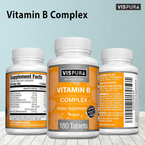 Vitamin B-Complex, 180 Vegan Tablets, All B Vitamins Including B12, for Stress, Energy, and Healthy Immune System