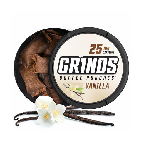 Grinds Coffee Pouches, Tobacco Free, Nicotine Free Healthy Alternative, 3 Cans of Vanilla, 18 Pouches Per Can, 1 Pouch