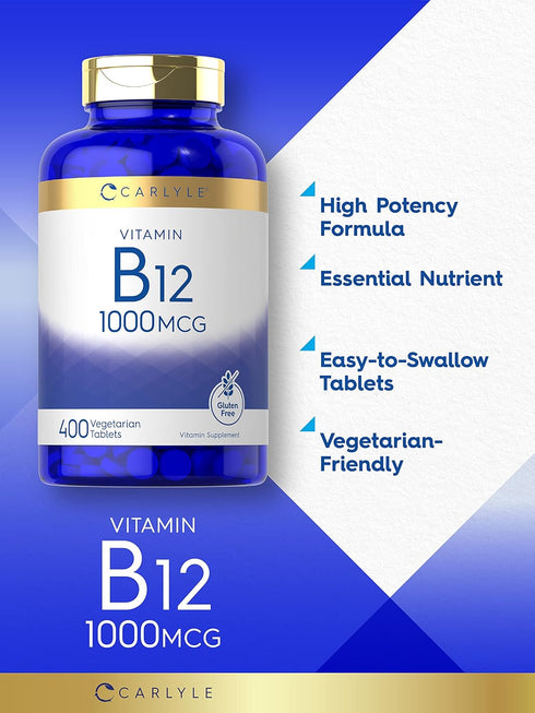 Carlyle Vitamin B12 1000mcg | Vegetarian, Non-GMO, Gluten Free Supplement | 400 Tablets
