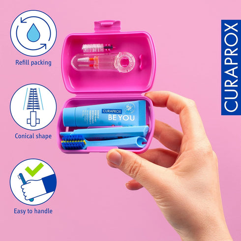 Set Set Curaprox Ortho Travel Braces & On-The-Go Care | Ultra Soft Brush + Whitening Toothpaste | Compact Pink