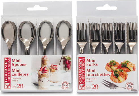Premium Mini Disposable Silver Plastic Spoons and Forks Set, 40 Piece Bundle for Dessert and Appetizers, Tiny Cocktail