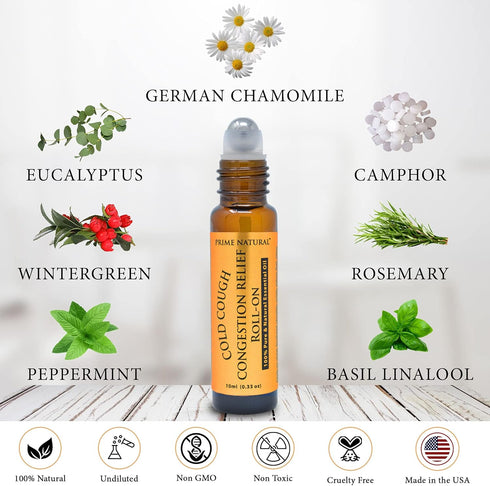 PRIME NATURAL Cold Cough Congestion Relief Essential Oil Roll-On (10ml), Pre-Diluted Roller for Sinus, Headache