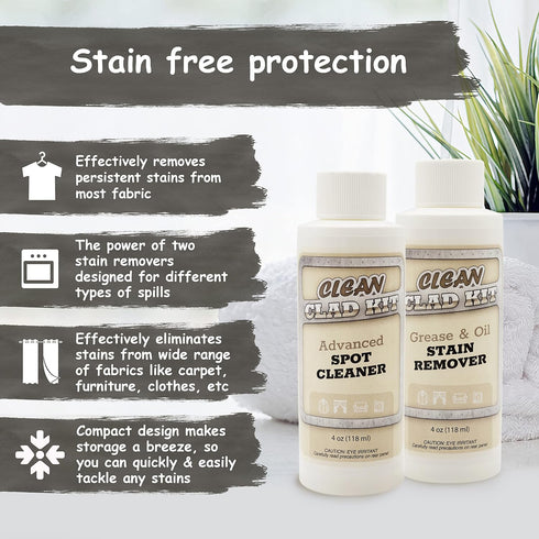 CleanClad Kit - Powerful Fabric, Carpet & Upholstery Spot Cleaners, Includes (2) 4oz Bottles