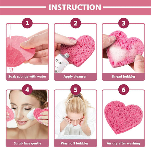 Nuenen 60 Pieces Facial Sponges with Container - Heart Shape Compressed Face Sponges for Washing Face Cleaning