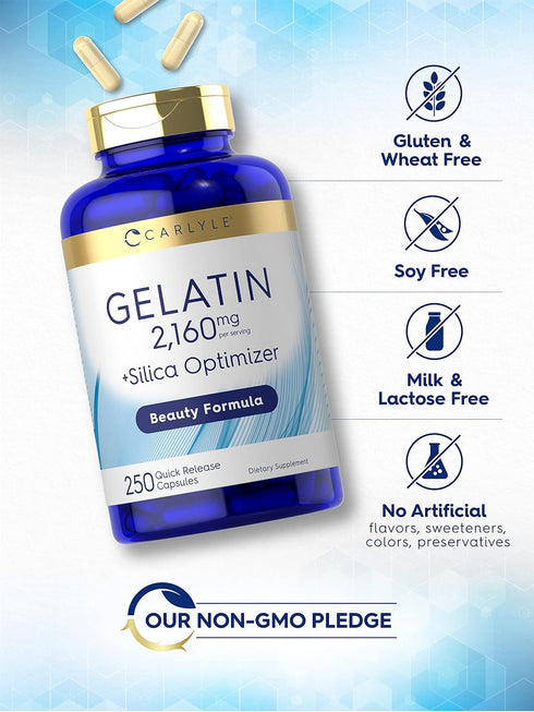 Carlyle Gelatin Capsules, 2160 mg with Silica Optimizer, 250 Count Non-GMO, Gluten Free Supplement