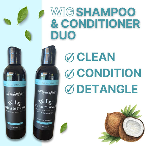Wig Shampoo & Conditioner Set Cleaner Detangler for Synthetic and Natural Wigs - Natural Ingredients - Coconut Scent