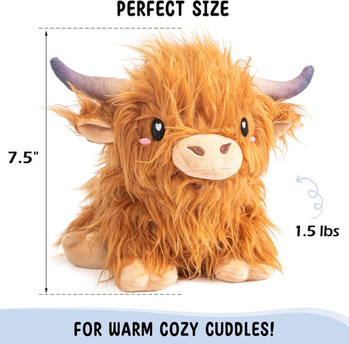 Brown Highland Cow Microwavable Heating Pad - Cute Soft Cozy Plush Heatable Pillow for Women & Kids - Kawaii Hot & Cold
