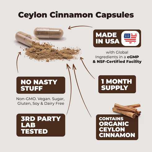 Organic Ceylon Cinnamon Capsules, Non-GMO Vegan Supplements for Inflammation Balance, 60 Caps