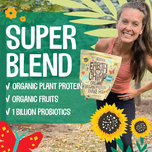 EarthChimp Organic Vegan Protein Powder, Non-GMO, Dairy-Free, Plant-Based with Probiotics, 26 Servings, 32 Oz