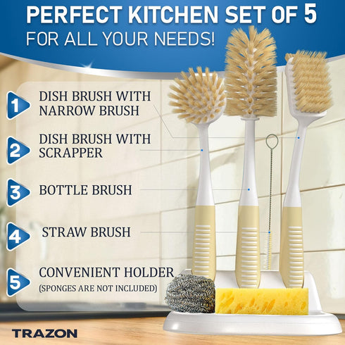 Set 5 Dish Brush of with Holder - Kitchen Scrub Brushes with Non-Slip Long Handle for Cleaning, Scrubber, Dishwashing