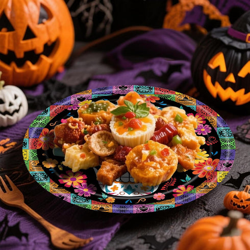ZULYSTO 100 Pack (507" 509")-Disposable Set Day of the Dead Party Supplies Paper Plates + Plates for Halloween Party