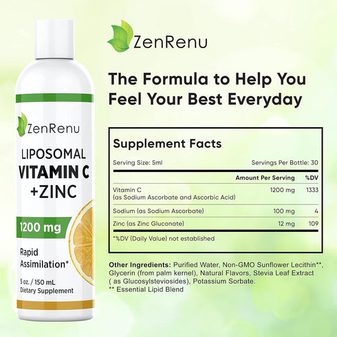Liposomal Vitamin C and Zinc Liquid Drink for Adults & Kids, Max Antioxidant & Immune Support, 5 oz