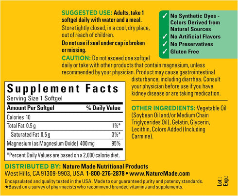 Nature Made Extra Strength Magnesium Oxide, 400 mg, 60 Softgels, 60 Day Supply