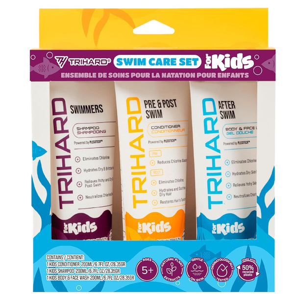 TRIHARD Essential Swim Care Kit for Kids - 3-in-1 Swim Shampoo, Conditioner, Body Wash for Swimmers